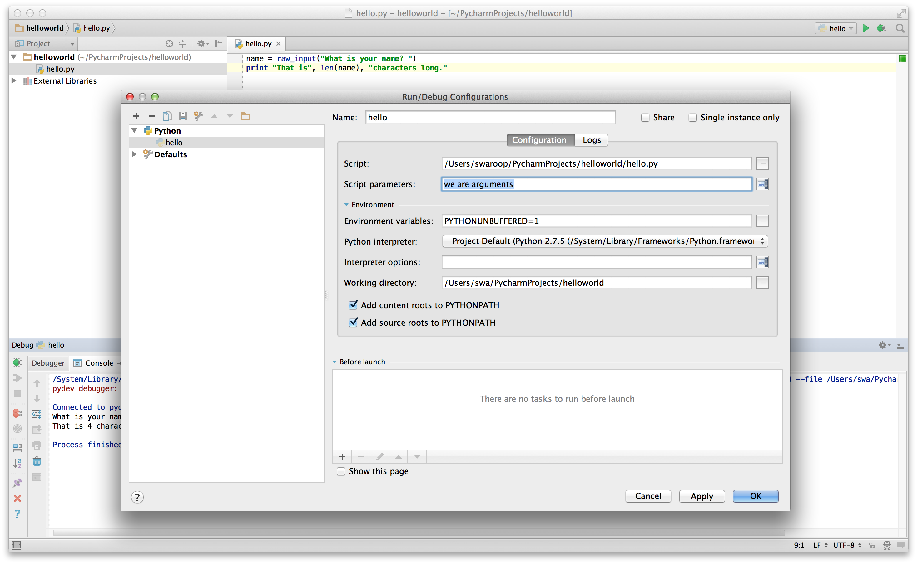 PyCharm command line arguments